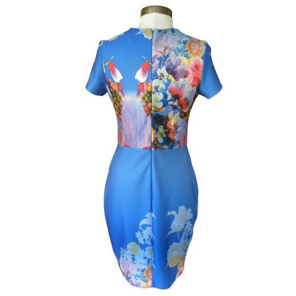 Neiman Marcus Short Sleeve Floral Scuba Dress Blue Multi Sheath medium - Picture 3 of 7